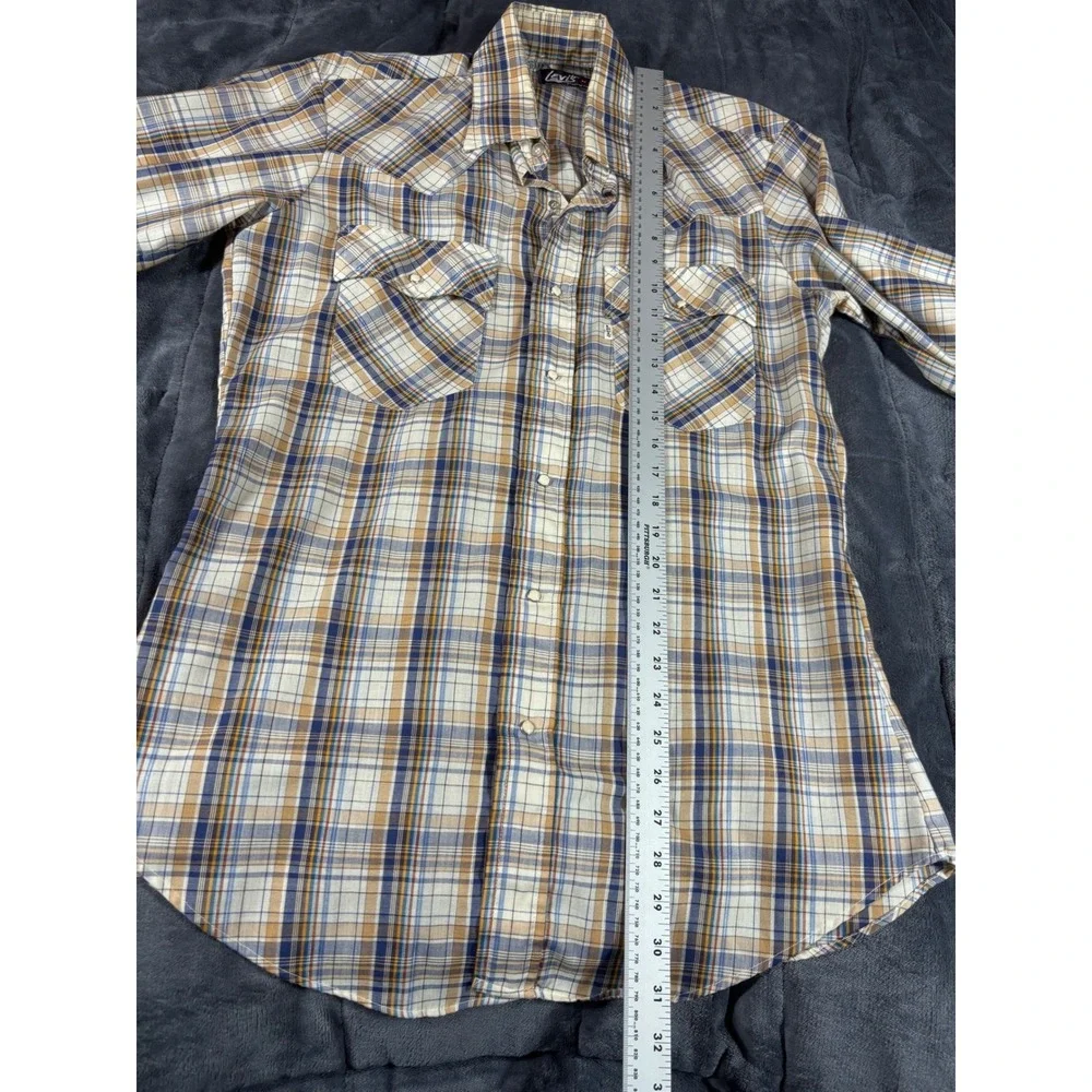 Levis Mens Regular Fit Western Pearl‎ Snap Plaid Long Sleeve Shirt Blue Tan M